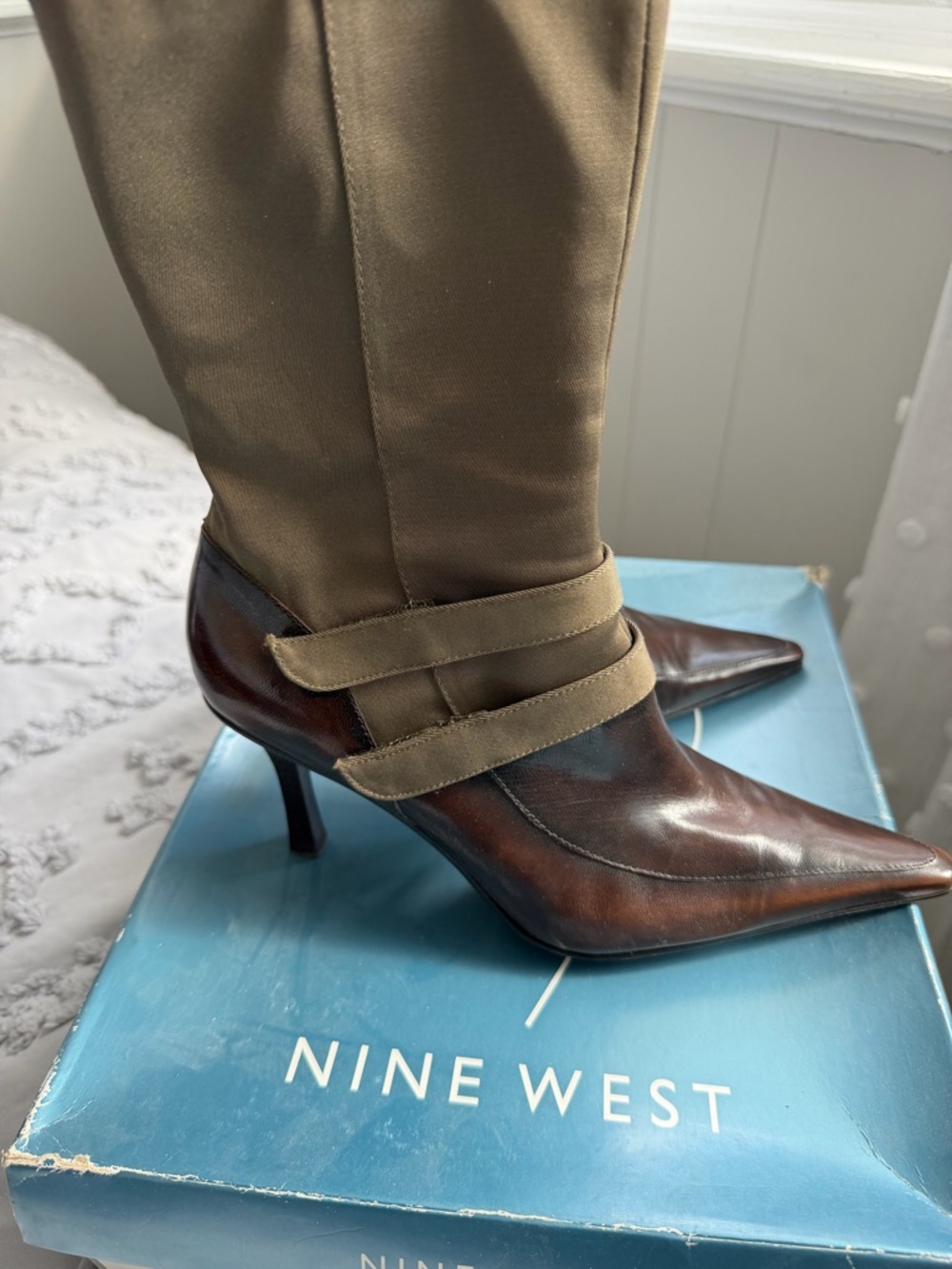Nine West Brown Leather Pointed-Toe Mid-Kitten Heel Boots